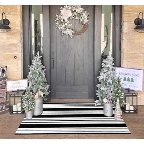 OJIA Black & White Outdoor Rug 3x5 Cotton Hand-Woven Christmas Striped Porch Rugs Machine Washable Entry Rug Indoor Outdoor Area Rug Front Door Rug Floor Mat for Farmhouse/Living Room/Home Entrance - Image 5