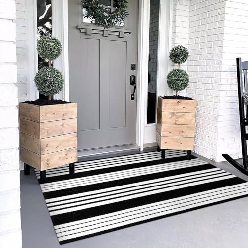 OJIA Black & White Outdoor Rug 3x5 Cotton Hand-Woven Christmas Striped Porch Rugs Machine Washable Entry Rug Indoor Outdoor Area Rug Front Door Rug Floor Mat for Farmhouse/Living Room/Home Entrance - Image 1