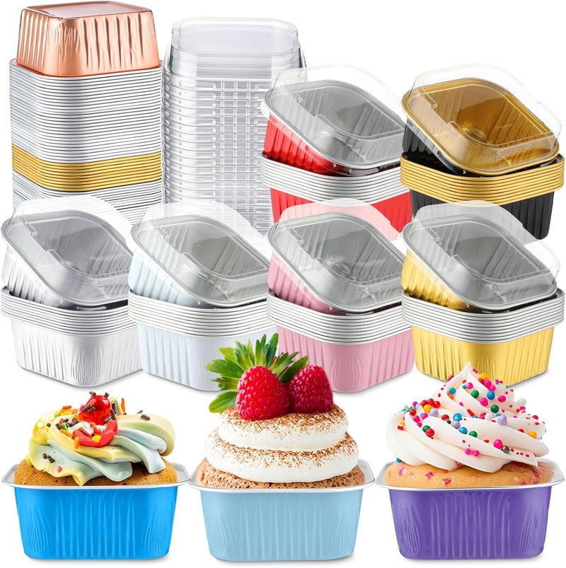 Skylety 100 Pcs 5 oz Mini Square Baking Pan with Lid Aluminum Foil Cupcake Pan Brownie Baking Cup Disposable Ramekins Individual Tin Dessert Containers for Kitchen, Food Grade Material (Mixed Color) - Image 1
