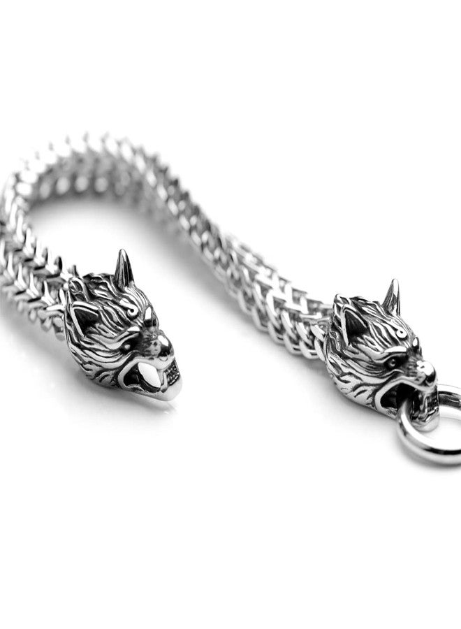 LANGHONG Norse Viking Stainless Steel Men's Link Bracelet Punk Wolf Head Curb Chain Bracelet 7.4 8.2 9 inches (Bracelet A, 7.4 Inches) - Image 1