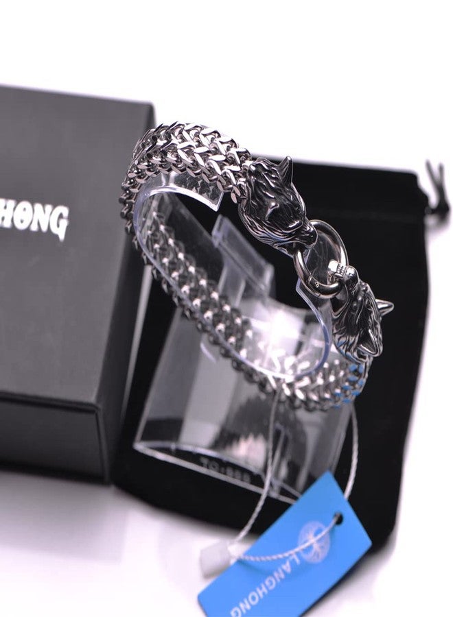 LANGHONG Norse Viking Stainless Steel Men's Link Bracelet Punk Wolf Head Curb Chain Bracelet 7.4 8.2 9 inches (Bracelet A, 7.4 Inches) - Image 4