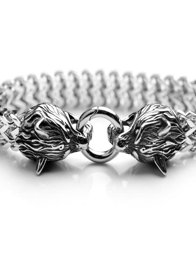 LANGHONG Norse Viking Stainless Steel Men's Link Bracelet Punk Wolf Head Curb Chain Bracelet 7.4 8.2 9 inches (Bracelet A, 7.4 Inches) - Image 2