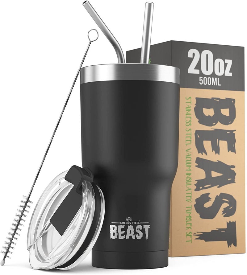 Greens Steel Beast 20 oz Tumbler Stainless Steel Vacuum Insulated Coffee Ice Cup Double Wall Travel Flask (Matte Black)  - Image 1