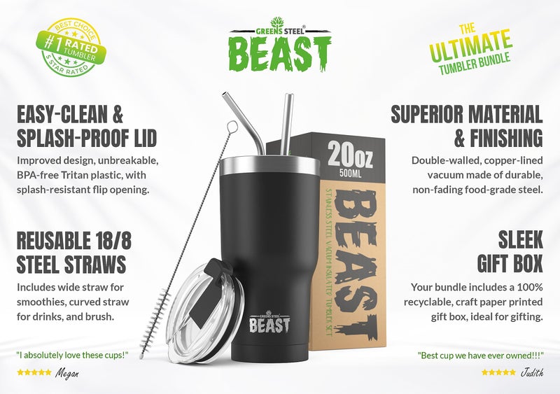 Greens Steel Beast 20 oz Tumbler Stainless Steel Vacuum Insulated Coffee Ice Cup Double Wall Travel Flask (Matte Black)  - Image 2