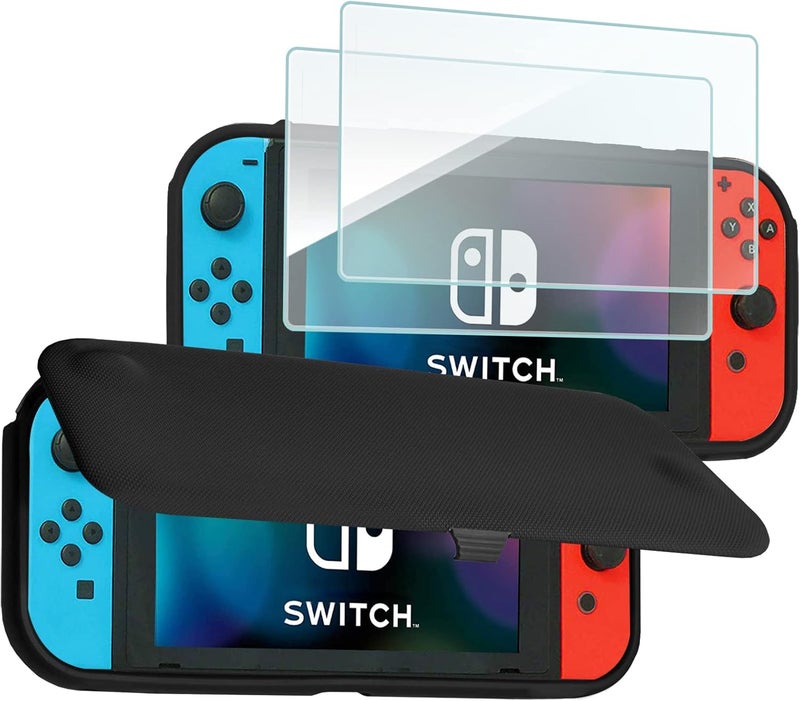 Procase Flip Cover for Nintendo Switch Case with 2 Pack Tempered Glass Screen Protectors, Detachable Front Cover Protective Case for Nintendo Switch 2017 -Black - Image 1