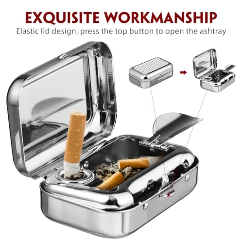 GARNECK Mini Compact Stainless Steel Portable Ashtray, Car Supplies White Patch Ashtray with Lid - Image 5