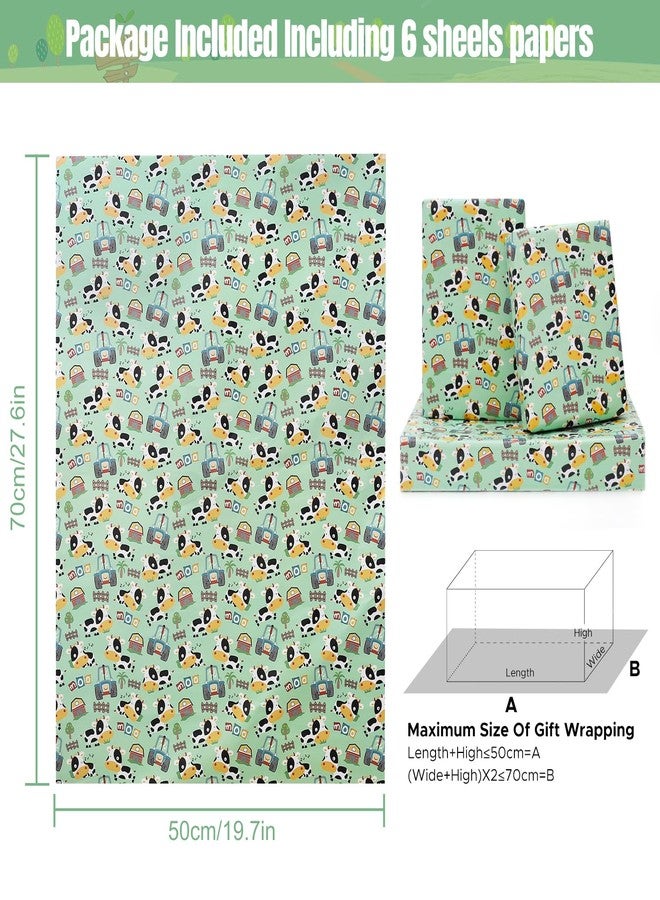 NEPOG Farm Cow Wrapping Paper for Boys Girls Kids, Cute Cow Farmhouse Tractor Farm Theme Design Green Birthday Paper 6 Sheets Folded Flat 20x28 inches per Sheet for Birthday Party Baby Shower - Image 2