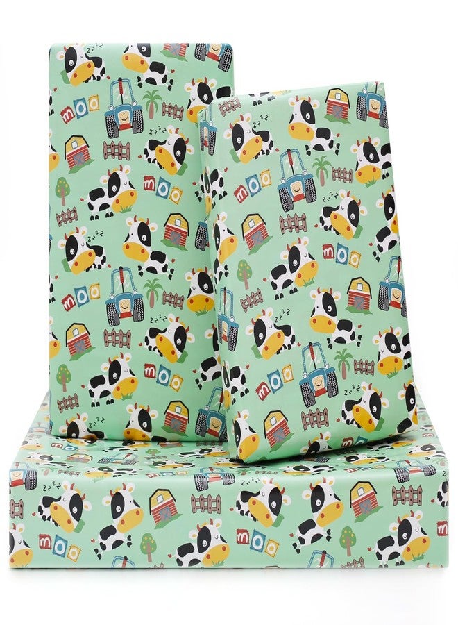 NEPOG Farm Cow Wrapping Paper for Boys Girls Kids, Cute Cow Farmhouse Tractor Farm Theme Design Green Birthday Paper 6 Sheets Folded Flat 20x28 inches per Sheet for Birthday Party Baby Shower - Image 1