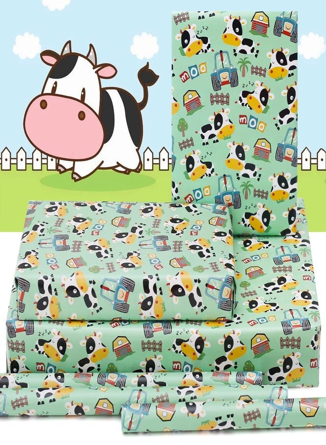 NEPOG Farm Cow Wrapping Paper for Boys Girls Kids, Cute Cow Farmhouse Tractor Farm Theme Design Green Birthday Paper 6 Sheets Folded Flat 20x28 inches per Sheet for Birthday Party Baby Shower - Image 3