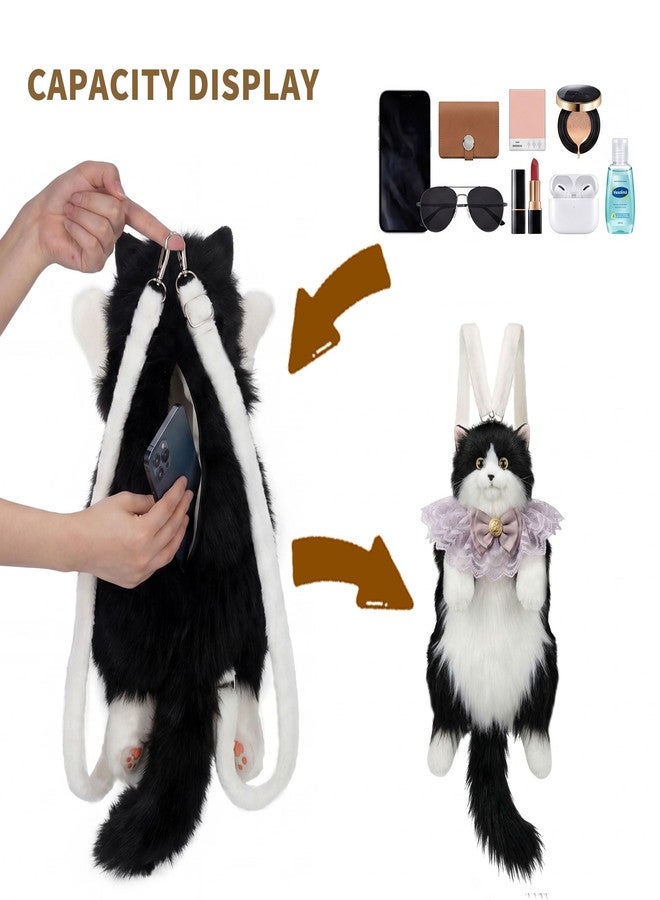 Realistic Cat Shaped Backpack, Stuffed Animal Plush Bag, Handcrafted Black Cat Plush Backpack with Adjustable Crossbody & Shoulder Straps, Cute Small Backpack for Women Girls Gift (Black) - Image 3
