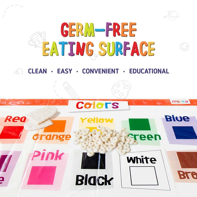 Merka Disposable Placemats for Baby and Toddlers 12" x 18", 60 Pack Stick-on Table Kids Placemats for Restaurants, Includes Shapes, Numbers, Letters & Colors - Image 3