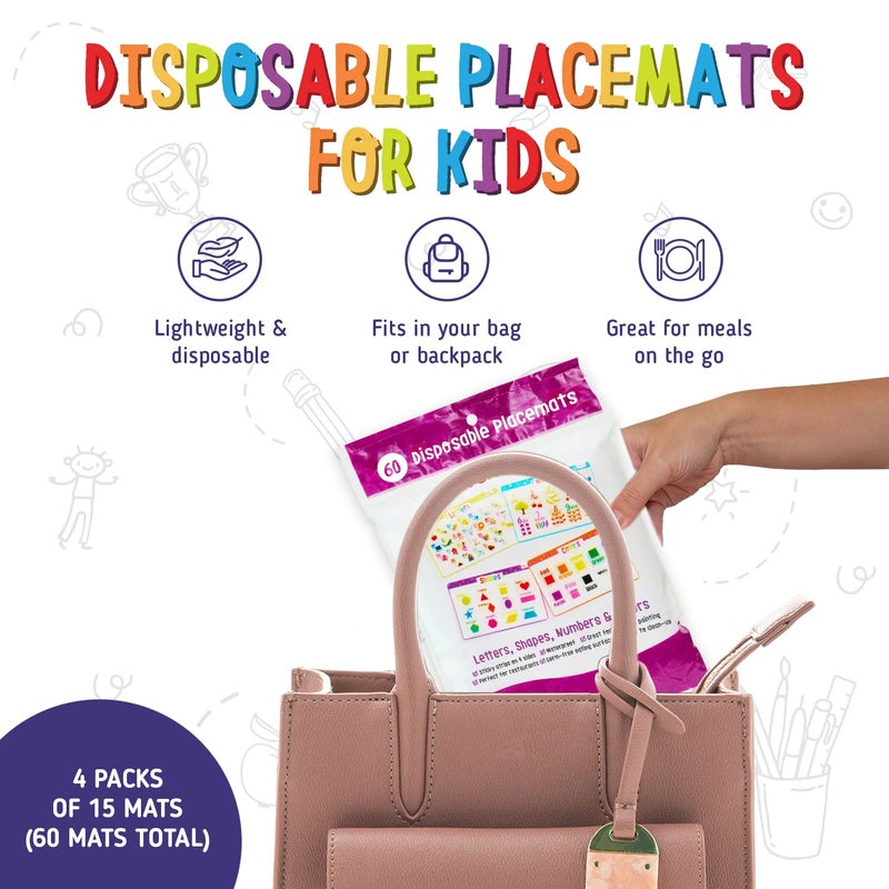 Merka Disposable Placemats for Baby and Toddlers 12" x 18", 60 Pack Stick-on Table Kids Placemats for Restaurants, Includes Shapes, Numbers, Letters & Colors - Image 2