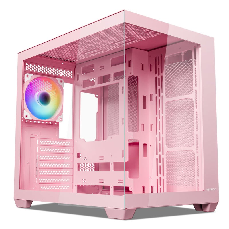 Vetroo AL900 ATX PC Case with 270Â° Full View Tempered Glass, Pre-Installed ARGB & PWM FDB Fan, Supports 360mm Radiator & 10 Fans, Type-C Ready, for 50 Series GPUs (Pink) - Image 1