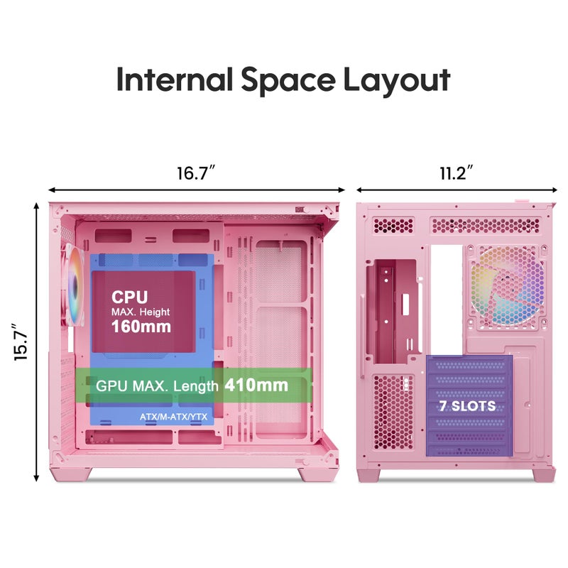 Vetroo AL900 ATX PC Case with 270Â° Full View Tempered Glass, Pre-Installed ARGB & PWM FDB Fan, Supports 360mm Radiator & 10 Fans, Type-C Ready, for 50 Series GPUs (Pink) - Image 3