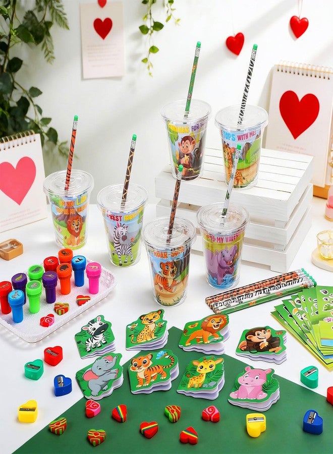 Funrous 192 Pcs Valentine Jungle Animal Themed Party Favors Personalize Goody Cups Safari Stationery Gift with Tags Kit Pencils Labels Sticker Notebooks Stamps Sharpeners Erasers (Jungle Animal) - Image 4