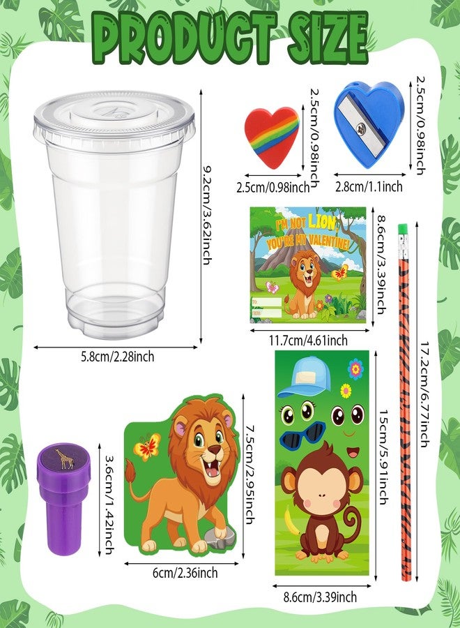 Funrous 192 Pcs Valentine Jungle Animal Themed Party Favors Personalize Goody Cups Safari Stationery Gift with Tags Kit Pencils Labels Sticker Notebooks Stamps Sharpeners Erasers (Jungle Animal) - Image 2