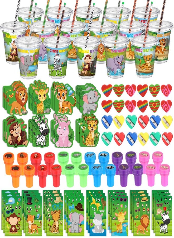 Funrous 192 Pcs Valentine Jungle Animal Themed Party Favors Personalize Goody Cups Safari Stationery Gift with Tags Kit Pencils Labels Sticker Notebooks Stamps Sharpeners Erasers (Jungle Animal) - Image 1