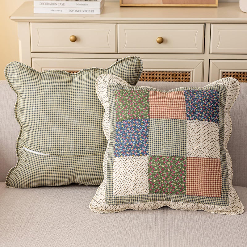 vctops Set of 2 Quilted 100% Cotton Boho Throw Pillow Covers 18" x 18" Farmhouse Country Floral Patchwork Decorative Cushion Cover, Patchwork Flower M - Image 2