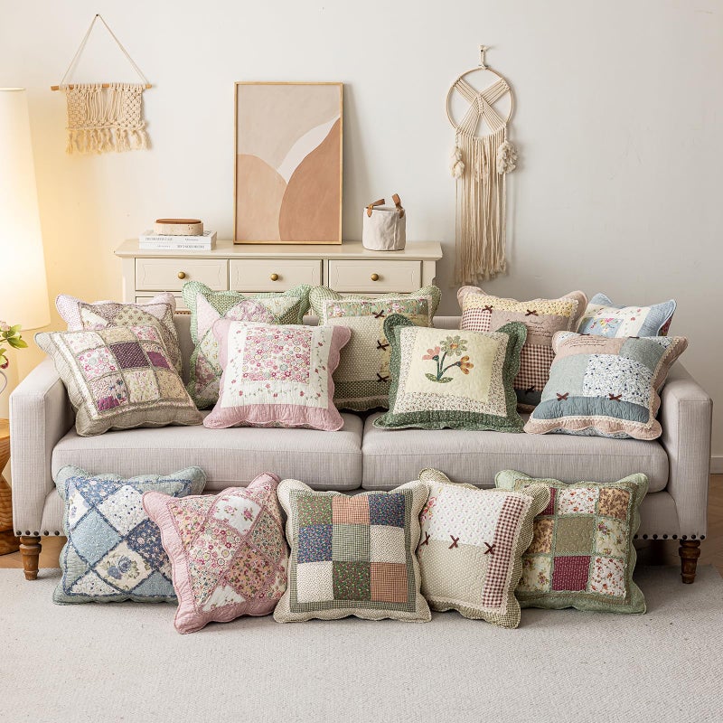 vctops Set of 2 Quilted 100% Cotton Boho Throw Pillow Covers 18" x 18" Farmhouse Country Floral Patchwork Decorative Cushion Cover, Patchwork Flower M - Image 4