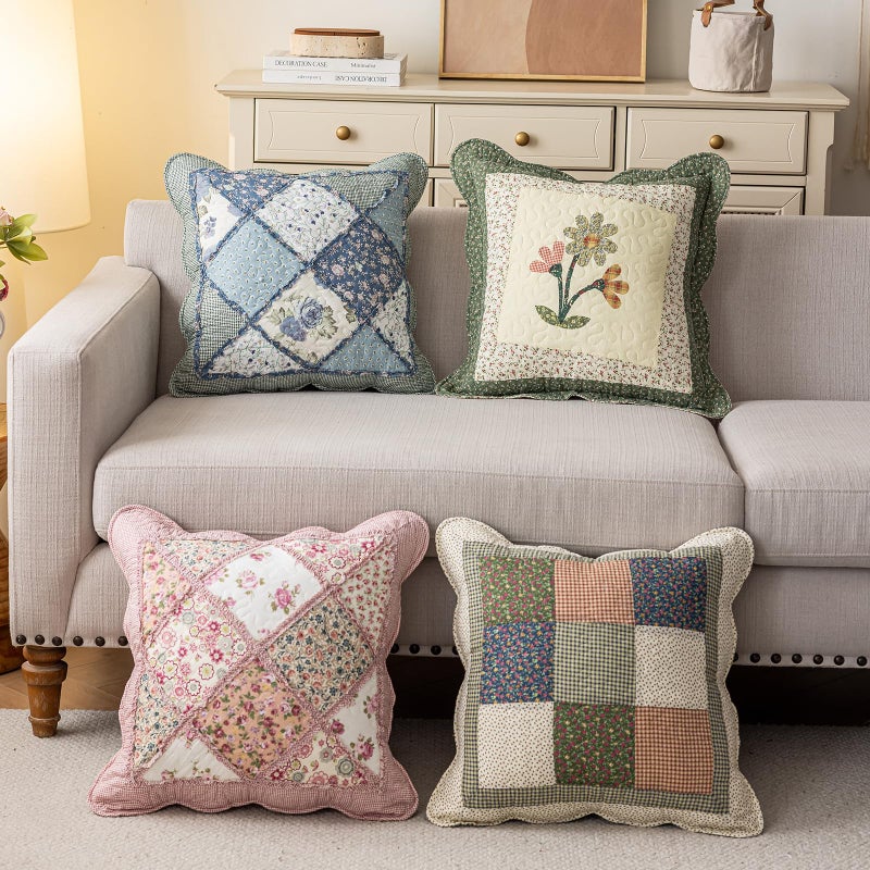 vctops Set of 2 Quilted 100% Cotton Boho Throw Pillow Covers 18" x 18" Farmhouse Country Floral Patchwork Decorative Cushion Cover, Patchwork Flower M - Image 3