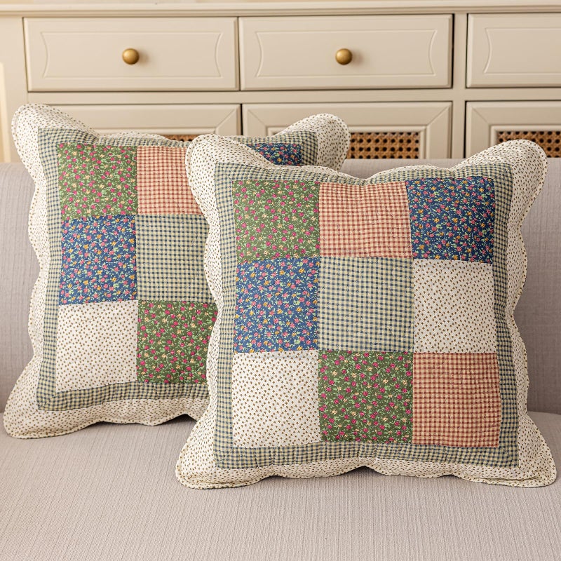 vctops Set of 2 Quilted 100% Cotton Boho Throw Pillow Covers 18" x 18" Farmhouse Country Floral Patchwork Decorative Cushion Cover, Patchwork Flower M - Image 1