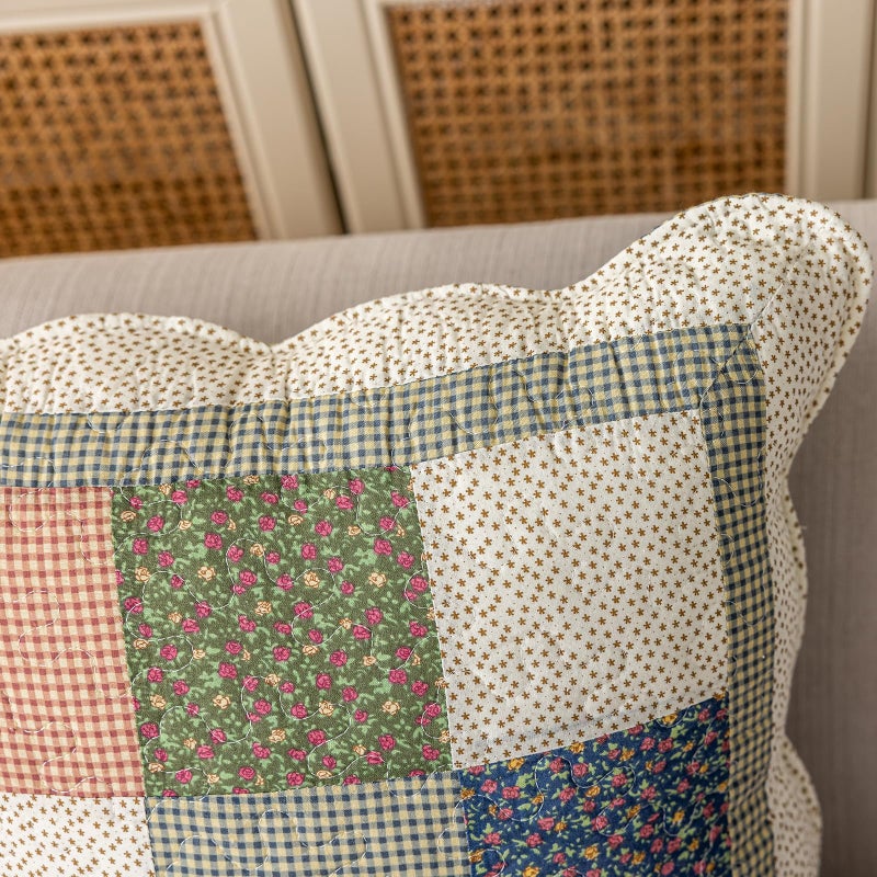 vctops Set of 2 Quilted 100% Cotton Boho Throw Pillow Covers 18" x 18" Farmhouse Country Floral Patchwork Decorative Cushion Cover, Patchwork Flower M - Image 5