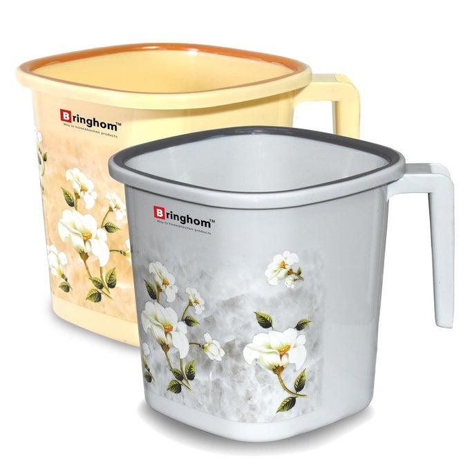 PACK OF 2PCS BATH MUG 15 LTR PRINTED DESIGN SQUARE SHAPE FOR DAILY USE IN HOME KITCHEN BATHROOM INDUSTRIAL 2PCS CREAMGREY