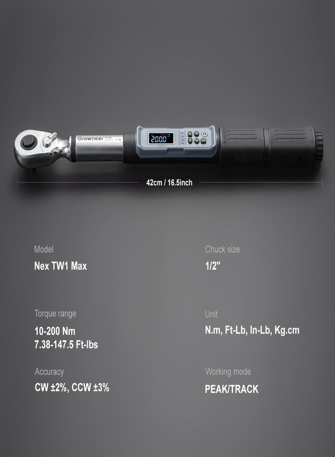 GROWNEER Digital Torque Wrench, 14.75-147.5 Ft-lbs/20-200 Nm, 1/2" Drive Torque Wrench with Buzzer & LED Indicator, Electronic Torque Wrench Set with Adapter & Sockets for Motorcycle Auto Repair - Image 2