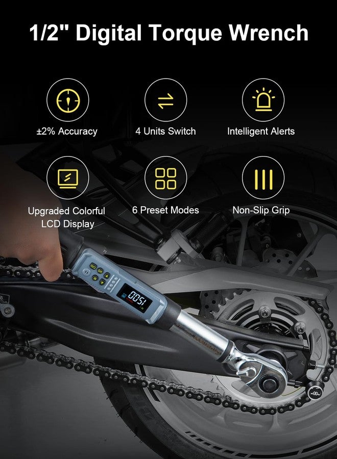 GROWNEER Digital Torque Wrench, 14.75-147.5 Ft-lbs/20-200 Nm, 1/2" Drive Torque Wrench with Buzzer & LED Indicator, Electronic Torque Wrench Set with Adapter & Sockets for Motorcycle Auto Repair - Image 3