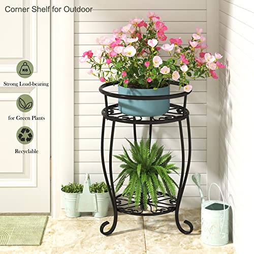 Veakoo Metal Plant Stand Indoor Outdoor,2 Tier Tall Flower Pot Shelf Planter Holder Pedestal Round Sheves Rustproof Wrought Iron Heavy Duty Rack for Corner Garden, Black, 19.37 inch - Image 3