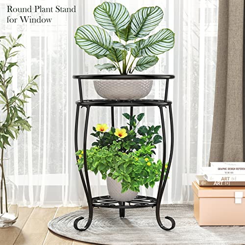 Veakoo Metal Plant Stand Indoor Outdoor,2 Tier Tall Flower Pot Shelf Planter Holder Pedestal Round Sheves Rustproof Wrought Iron Heavy Duty Rack for Corner Garden, Black, 19.37 inch - Image 4