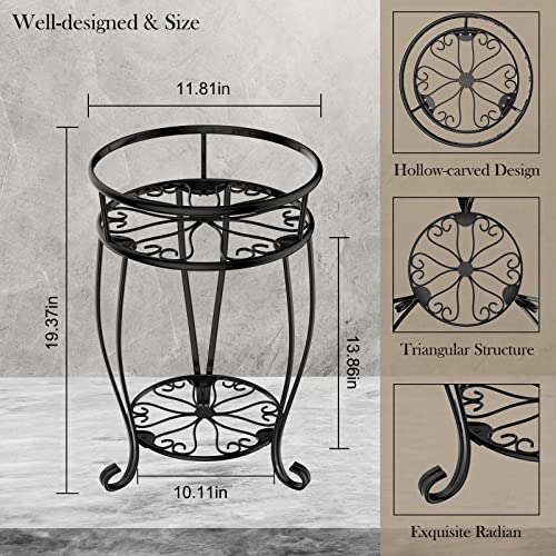 Veakoo Metal Plant Stand Indoor Outdoor,2 Tier Tall Flower Pot Shelf Planter Holder Pedestal Round Sheves Rustproof Wrought Iron Heavy Duty Rack for Corner Garden, Black, 19.37 inch - Image 2