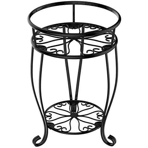 Veakoo Metal Plant Stand Indoor Outdoor,2 Tier Tall Flower Pot Shelf Planter Holder Pedestal Round Sheves Rustproof Wrought Iron Heavy Duty Rack for Corner Garden, Black, 19.37 inch - Image 1