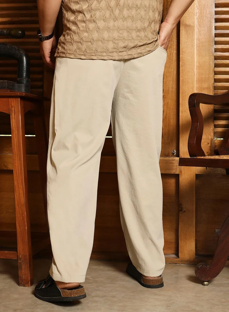 Instafab Plus Instafab Plus Men's Saltbox Beige Double-Pleated Tailored Trousers | Mid Rise , Straight Hem , Button Closure | Solid Plain Polyester Blend Material For Office & Casual Wear