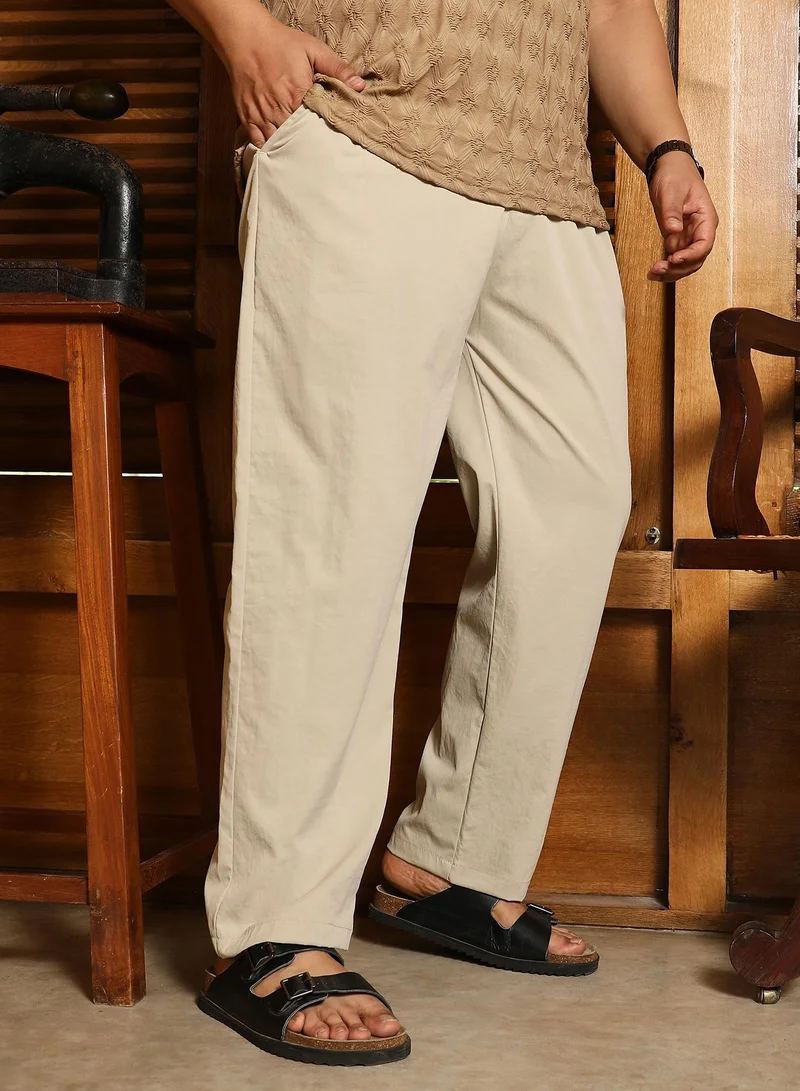 Instafab Plus Instafab Plus Men's Saltbox Beige Double-Pleated Tailored Trousers | Mid Rise , Straight Hem , Button Closure | Solid Plain Polyester Blend Material For Office & Casual Wear