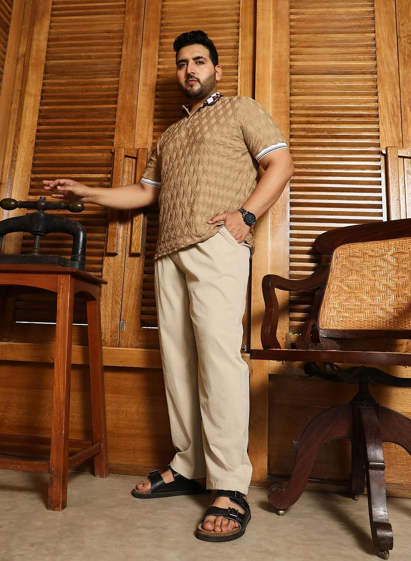 Instafab Plus Instafab Plus Men's Saltbox Beige Double-Pleated Tailored Trousers | Mid Rise , Straight Hem , Button Closure | Solid Plain Polyester Blend Material For Office & Casual Wear