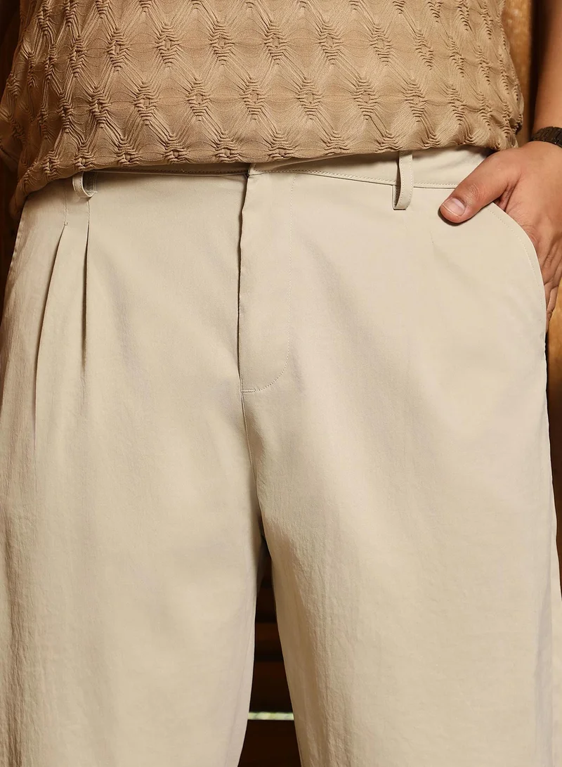 Instafab Plus Instafab Plus Men's Saltbox Beige Double-Pleated Tailored Trousers | Mid Rise , Straight Hem , Button Closure | Solid Plain Polyester Blend Material For Office & Casual Wear