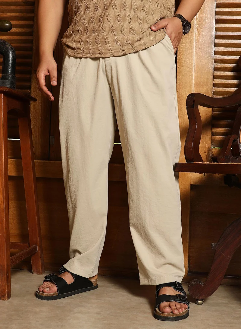 انستافاب بلس Instafab Plus Men's Saltbox Beige Double-Pleated Tailored Trousers | Mid Rise , Straight Hem , Button Closure | Solid Plain Polyester Blend Material For Office & Casual Wear