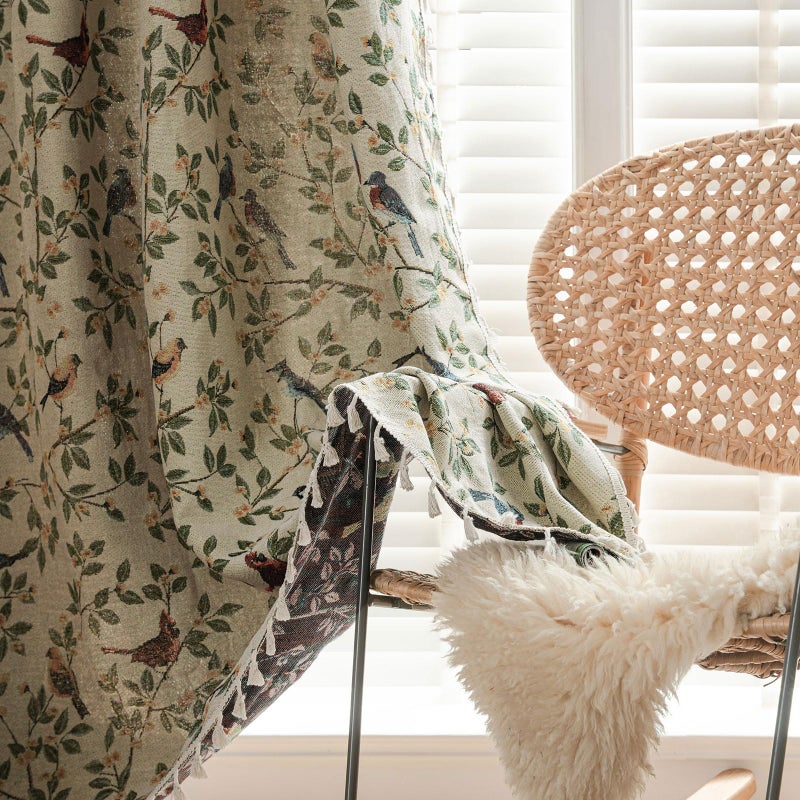 ENJOYBRIDAL Floral 84 Inches Curtains for Bedroom Jacquard Drapes Bird Patterned Semi Sheer Boho Living Room Window Curtains 2 Panels Farmhouse Rod Pocket Light Filtering Decorative Window Treatments - Image 5