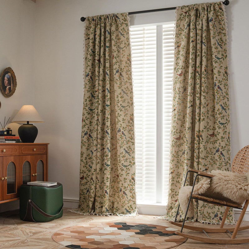 ENJOYBRIDAL Floral 84 Inches Curtains for Bedroom Jacquard Drapes Bird Patterned Semi Sheer Boho Living Room Window Curtains 2 Panels Farmhouse Rod Pocket Light Filtering Decorative Window Treatments - Image 2