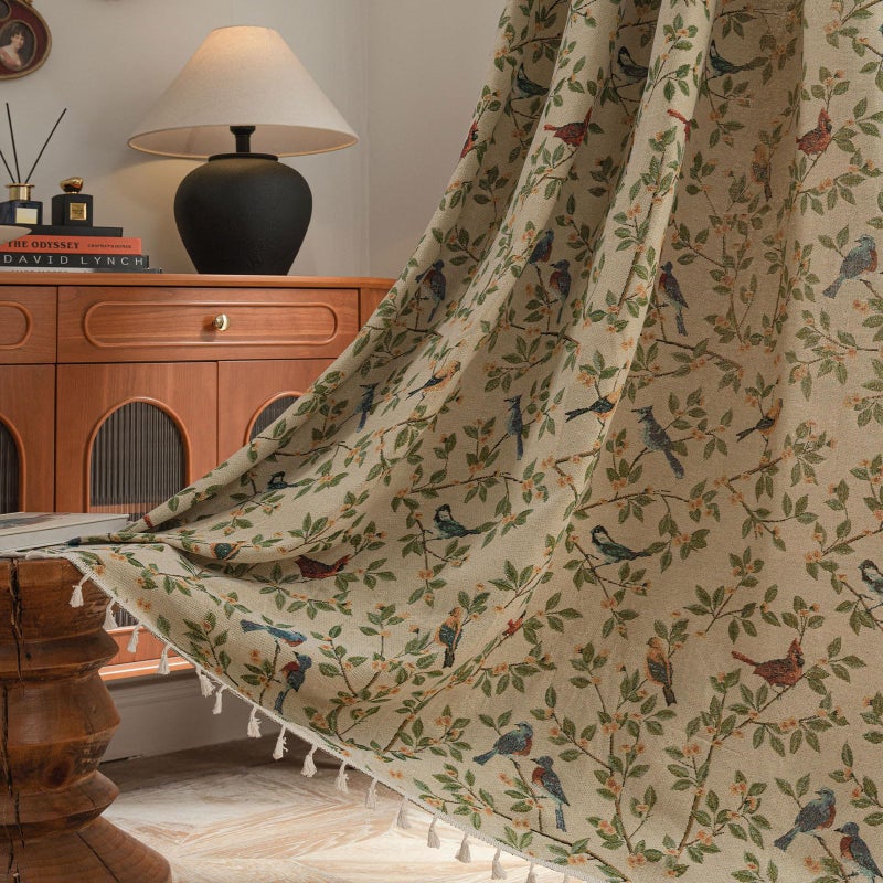 ENJOYBRIDAL Floral 84 Inches Curtains for Bedroom Jacquard Drapes Bird Patterned Semi Sheer Boho Living Room Window Curtains 2 Panels Farmhouse Rod Pocket Light Filtering Decorative Window Treatments - Image 1
