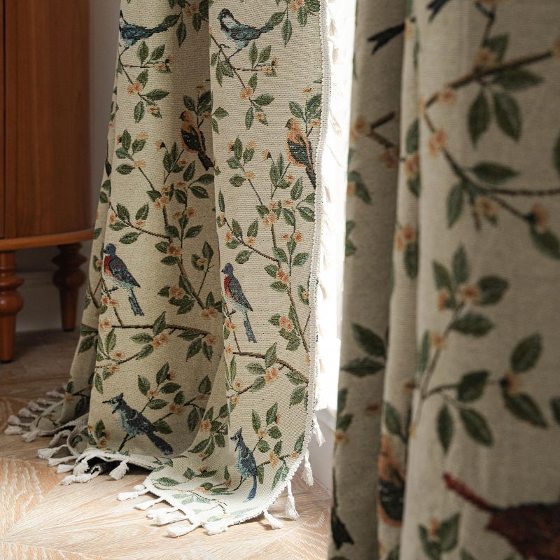 ENJOYBRIDAL Floral 84 Inches Curtains for Bedroom Jacquard Drapes Bird Patterned Semi Sheer Boho Living Room Window Curtains 2 Panels Farmhouse Rod Pocket Light Filtering Decorative Window Treatments - Image 4