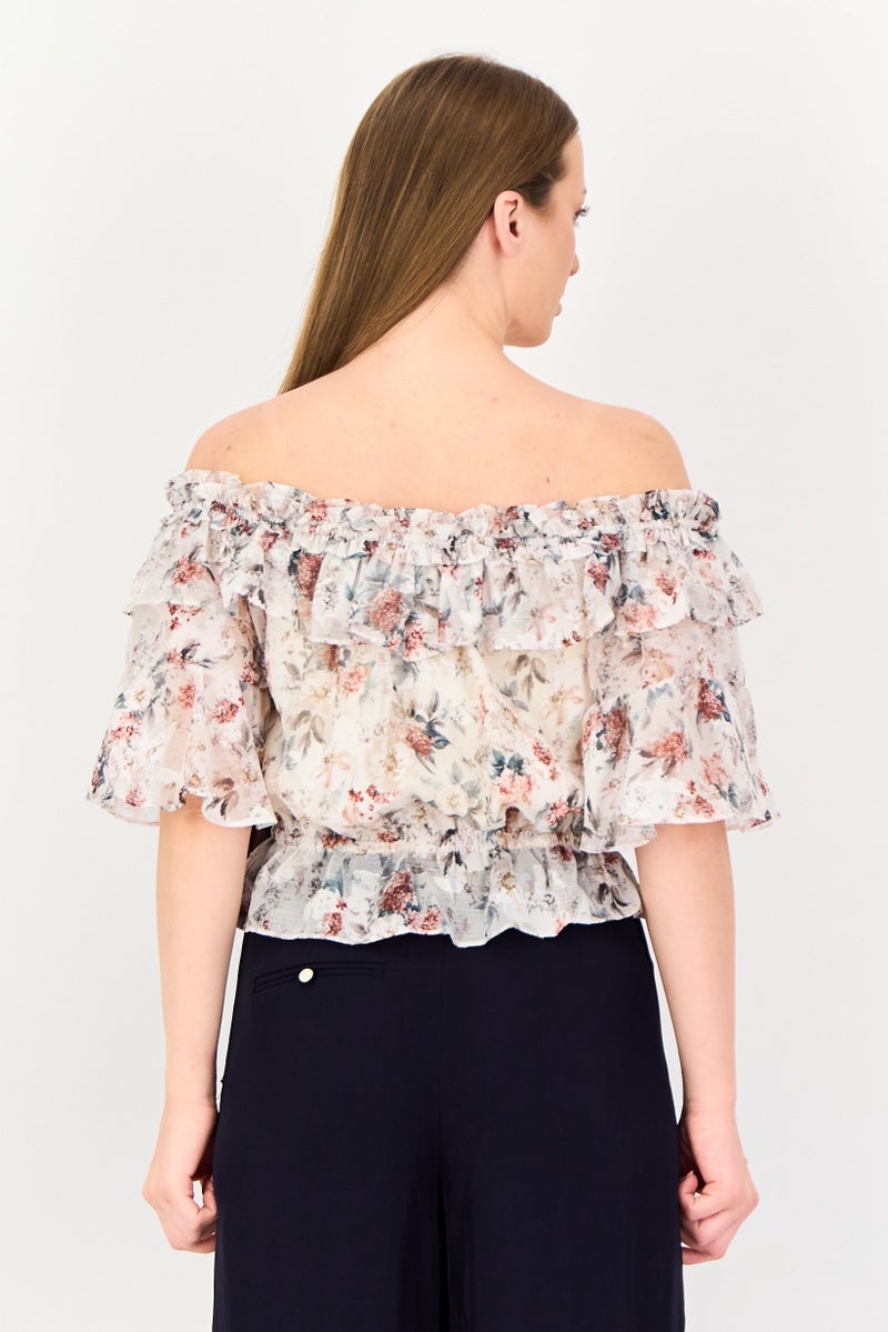 VERO MODA Women Off Shoulder Floral Print Ruffle Sleeve Blouse, Multicolor - Image 3