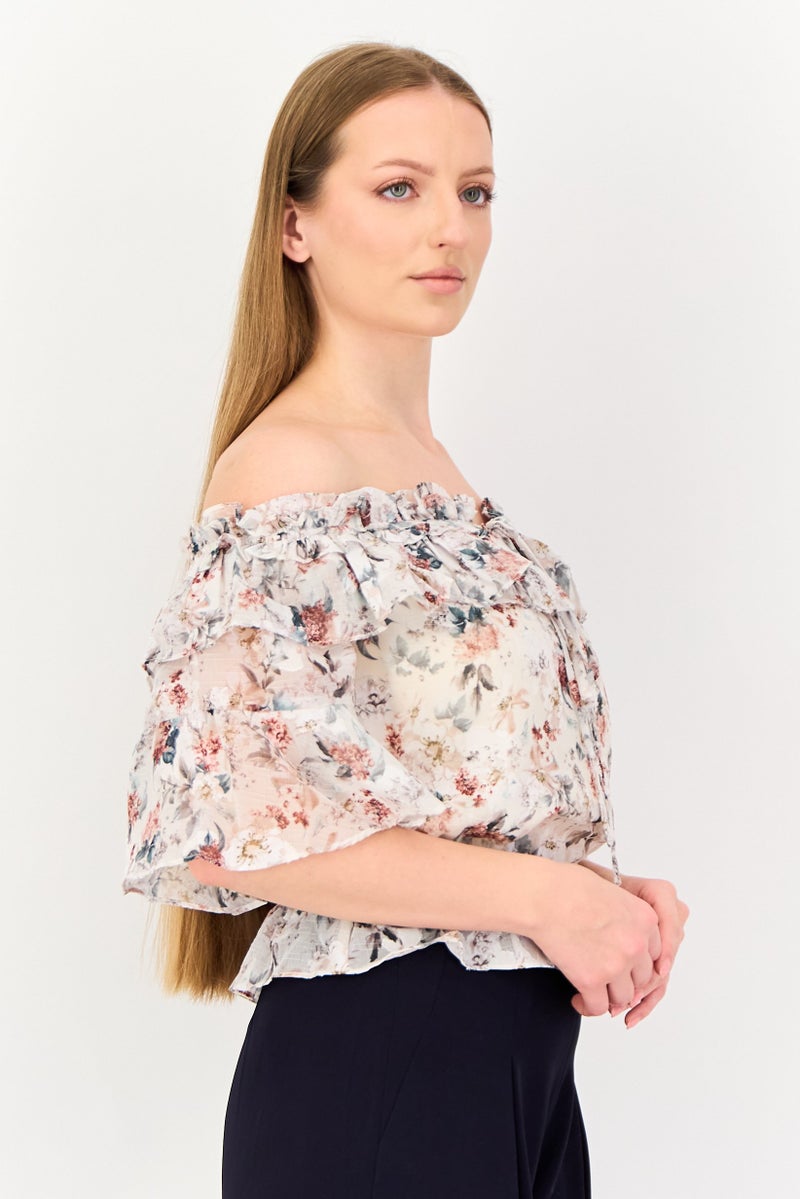 VERO MODA Women Off Shoulder Floral Print Ruffle Sleeve Blouse, Multicolor - Image 2