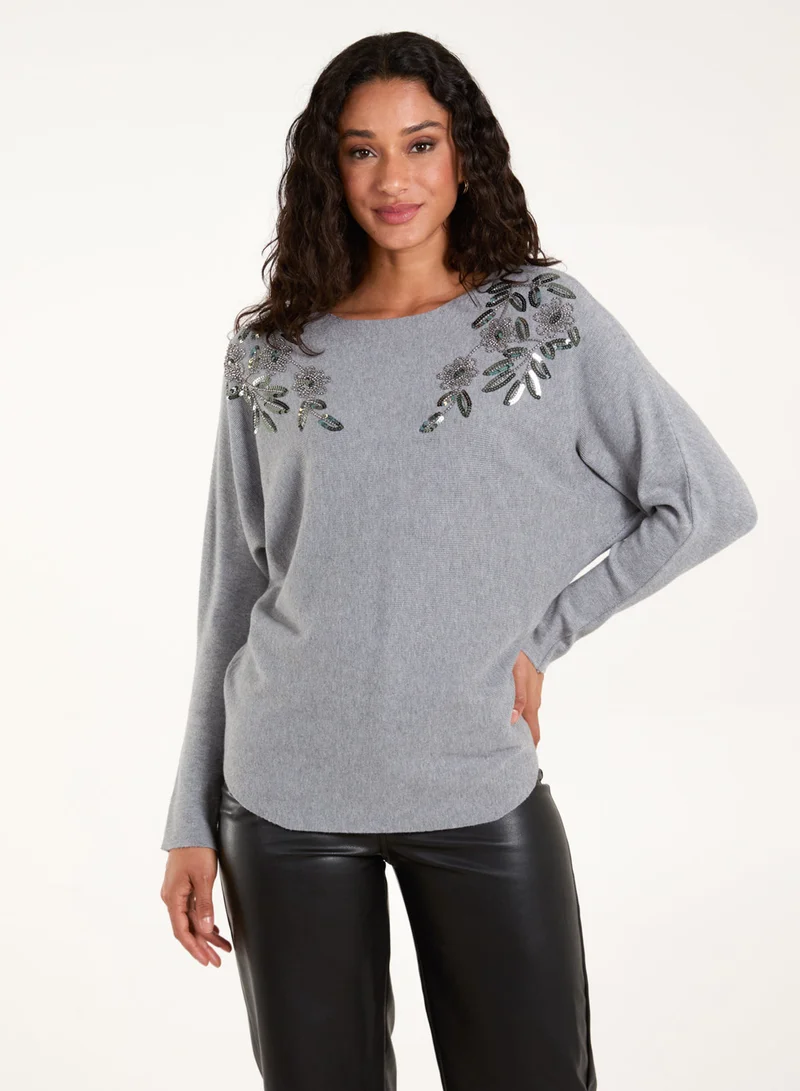 Blue Vanilla Sequin Flower Detail Batwing Jumper