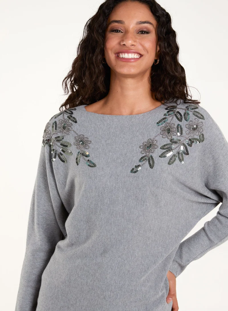 Blue Vanilla Sequin Flower Detail Batwing Jumper