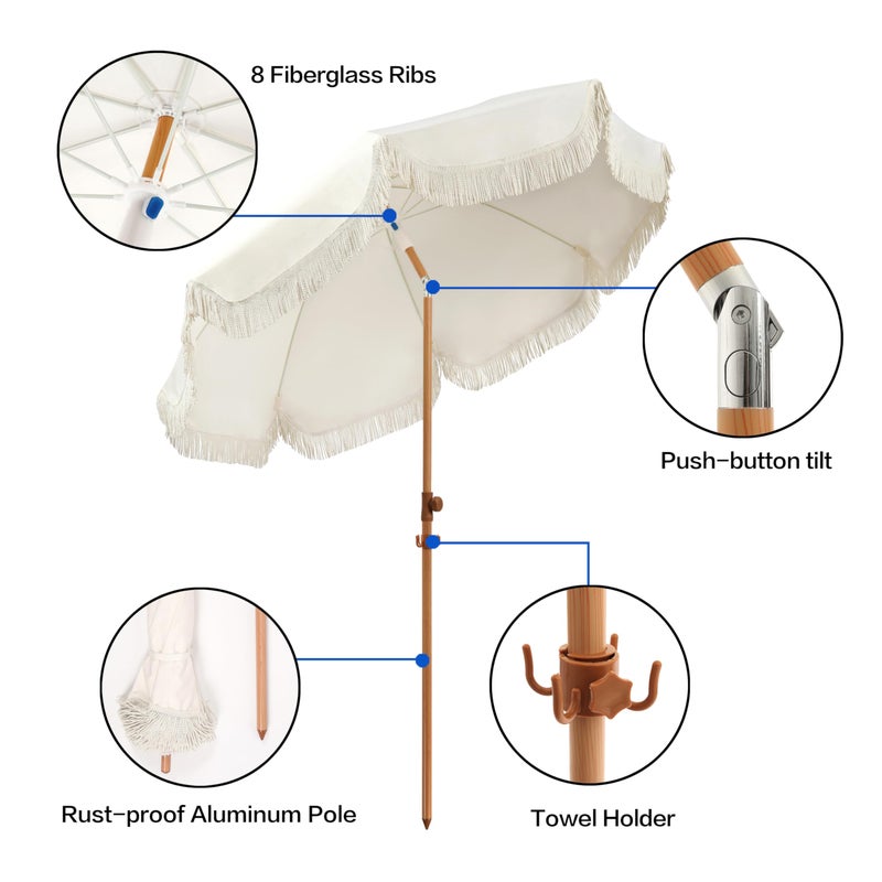 Seazul 7.5ft Patio Umbrella with Fringe, Beach Umbrella, Fringe Umbrella Outdoor Patio with Hanging Hook, Tilting Aluminum Pole, UV 50+, Fiberglass Ribs, Elegant Cream - Image 4