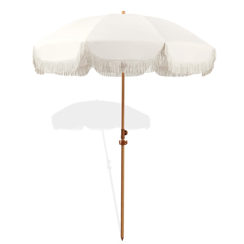 Seazul 7.5ft Patio Umbrella with Fringe, Beach Umbrella, Fringe Umbrella Outdoor Patio with Hanging Hook, Tilting Aluminum Pole, UV 50+, Fiberglass Ribs, Elegant Cream - Image 1