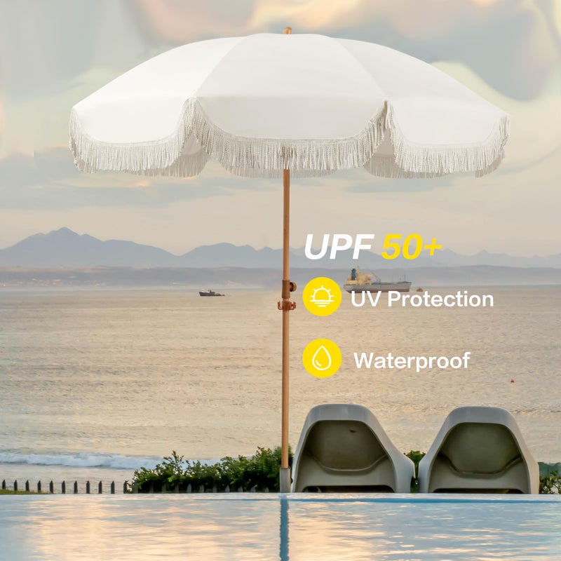 Seazul 7.5ft Patio Umbrella with Fringe, Beach Umbrella, Fringe Umbrella Outdoor Patio with Hanging Hook, Tilting Aluminum Pole, UV 50+, Fiberglass Ribs, Elegant Cream - Image 5
