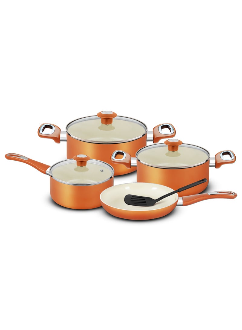 ديليتشي طقم أواني طهي ديليتشي الخزفية غير اللاصقة، ٨ قطع (NCC8CU) | أداء فائق ١٠ مرات في عدم الالتصاق | توزيع سريع ومتساوي للحرارة | سهل التنظيف | غير سام | متوافق مع الغاز والسخانات والهالوجين | يشمل طواجن، قدر، مقلاة، وملعقة نايلون - Image 1